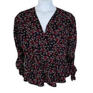 Eloquii Women's Plus Size 18 Floral Peplum Hem Ruched Sleeves Black Red Blouse